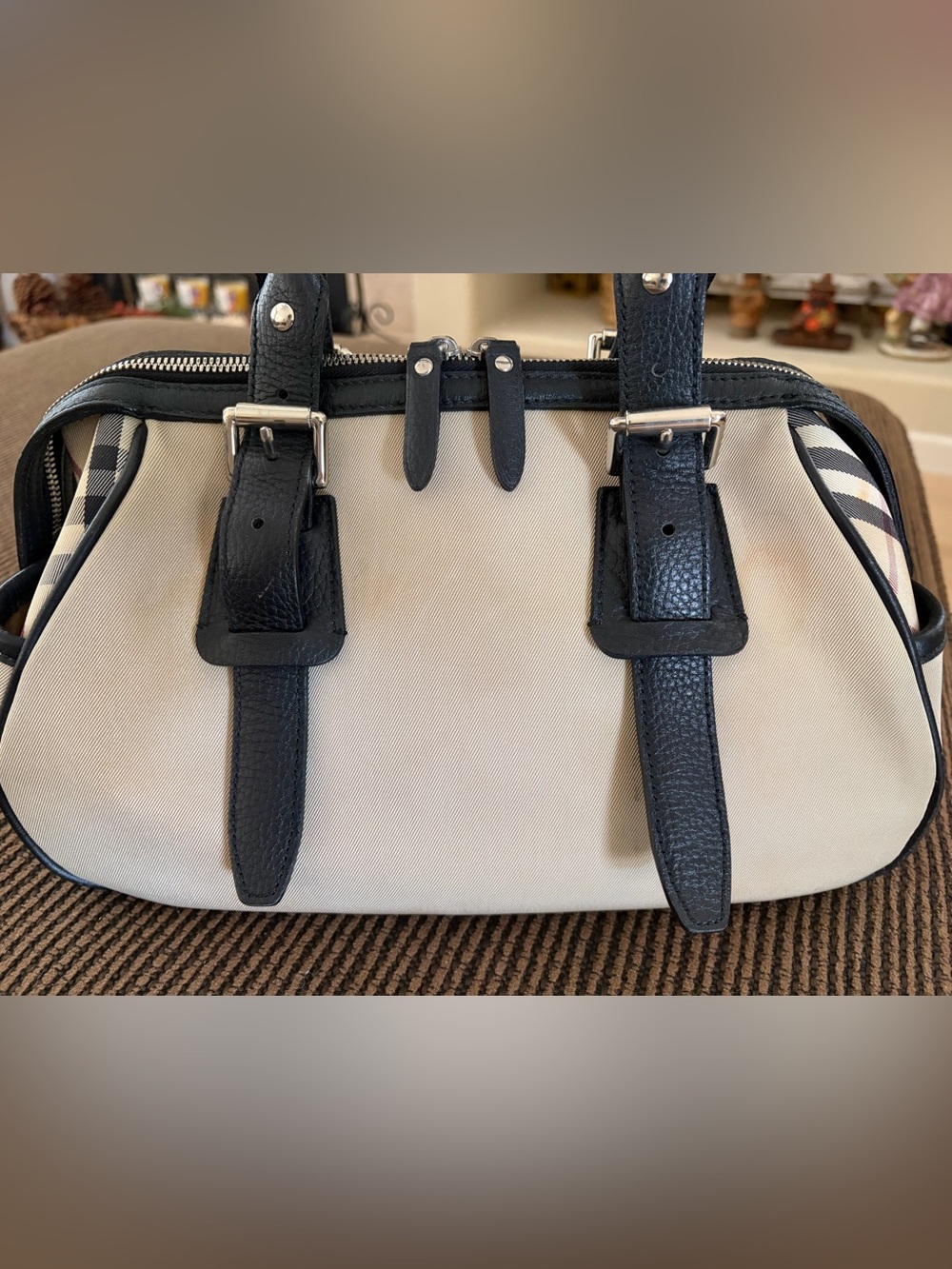 Burberry Nova Check Satchel Jacquard Leather Handbag Black Beige - Picture 5 of 16